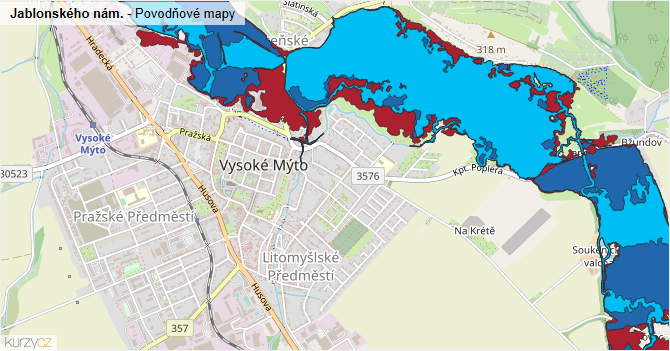 Jablonského nám. - záplavové mapy stoleté vody