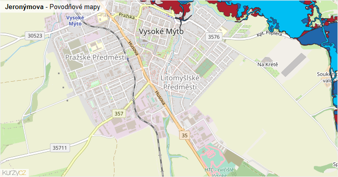 Jeronýmova - záplavové mapy stoleté vody
