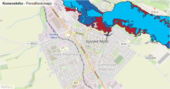 Komenského - záplavové mapy stoleté vody
