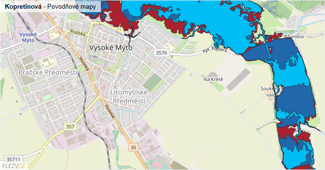 Kopretinová - záplavové mapy stoleté vody