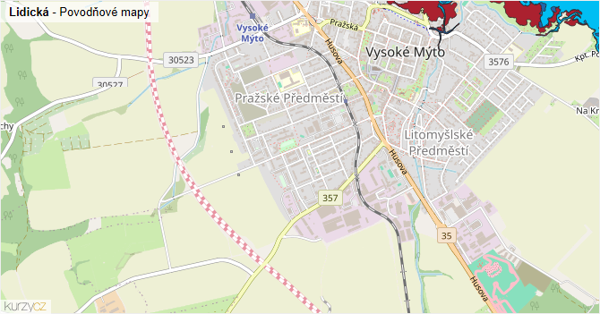 Lidická - záplavové mapy stoleté vody