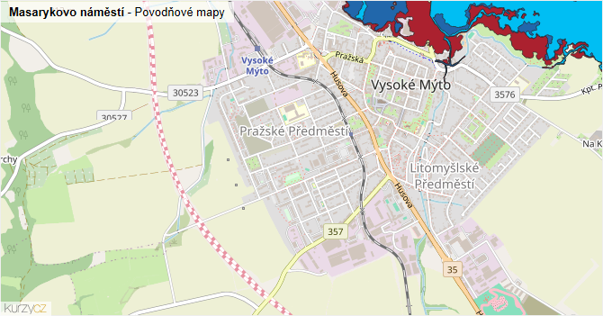 Masarykovo náměstí - záplavové mapy stoleté vody