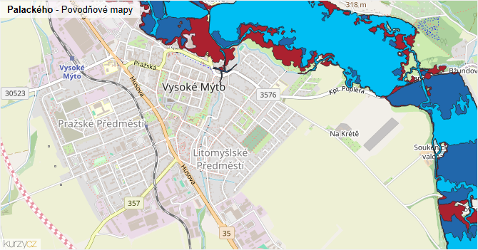 Palackého - záplavové mapy stoleté vody