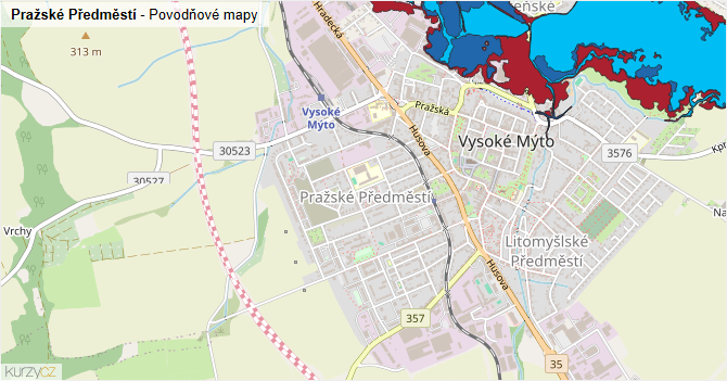 Pražské Předměstí - záplavové mapy stoleté vody