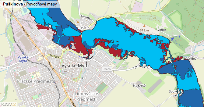 Puškinova - záplavové mapy stoleté vody