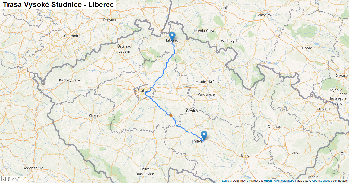 Vysoké Studnice-Liberec, mapa trasy