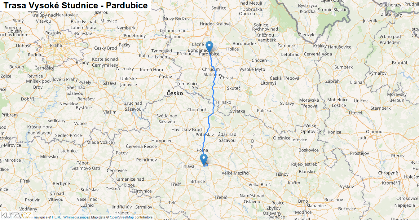 Vysoké Studnice-Pardubice, mapa trasy