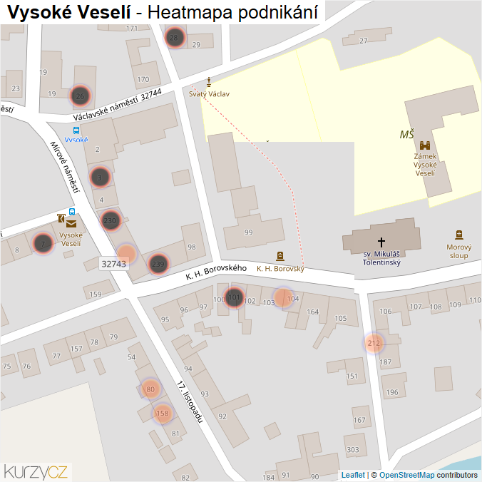 Mapa Vysoké Veselí - Firmy v obci.