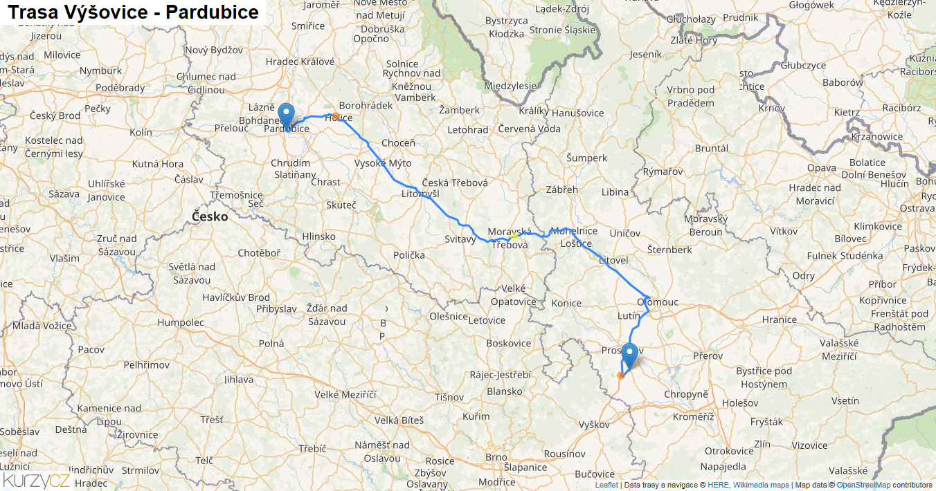 Výšovice-Pardubice, mapa trasy