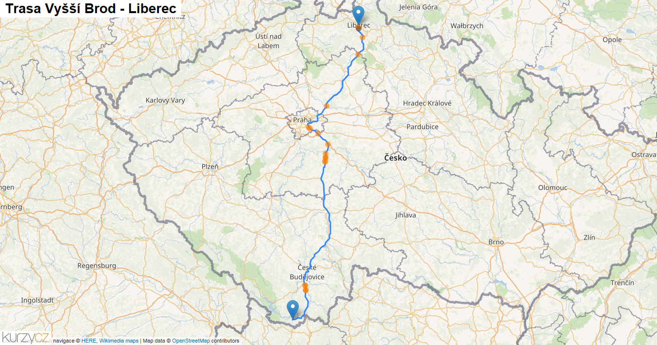 Vyšší Brod-Liberec, mapa trasy