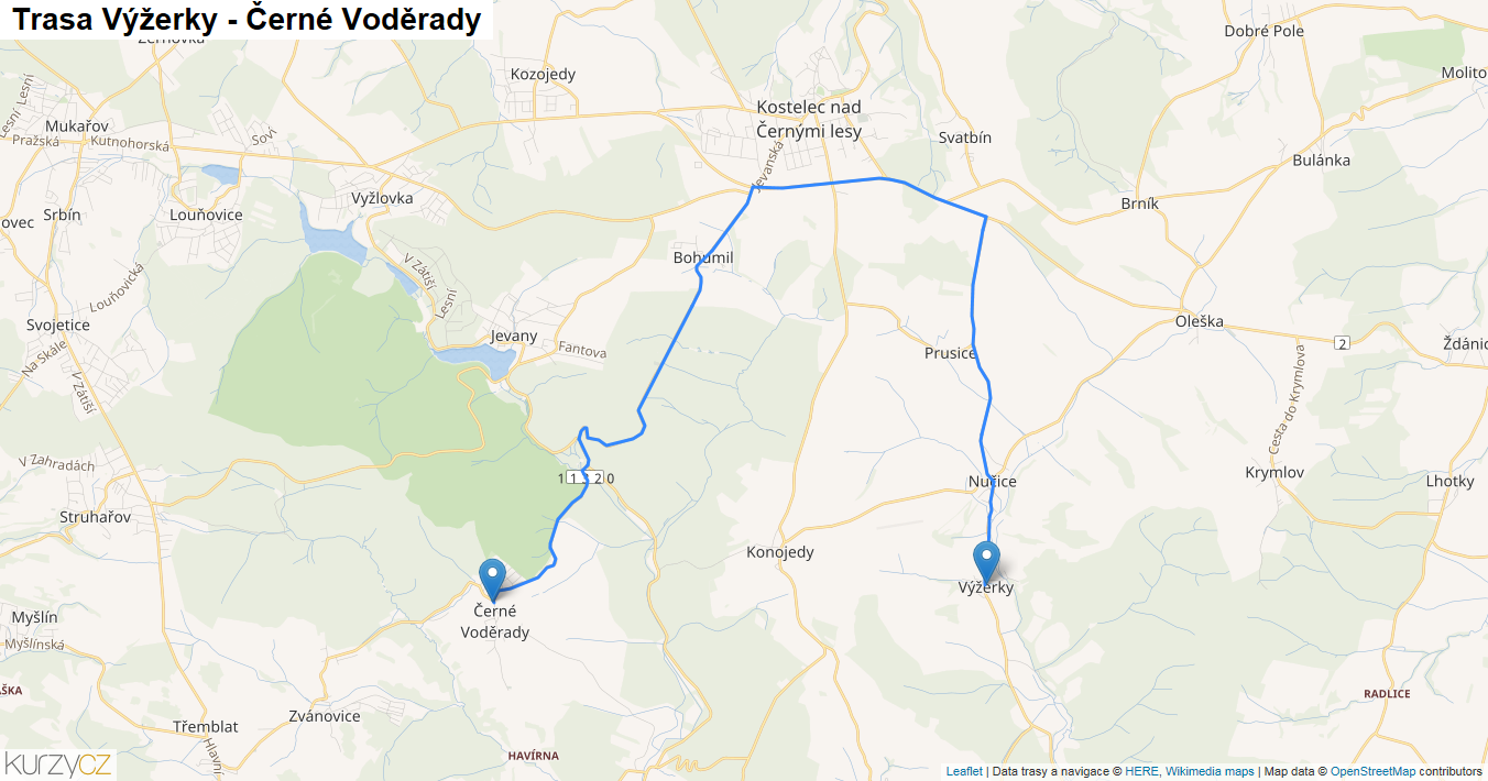 Výžerky-Černé Voděrady, mapa trasy