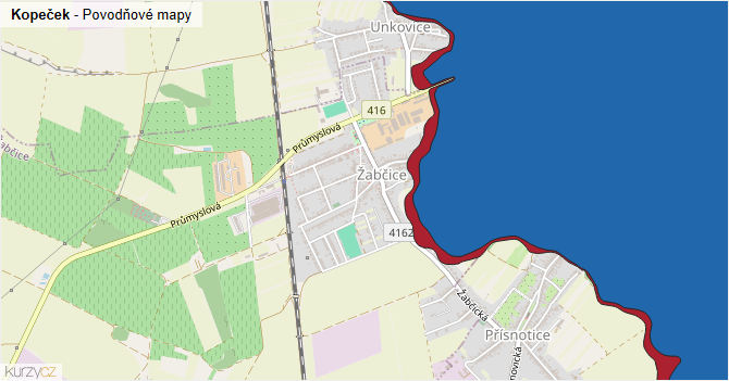 Kopeček - záplavové mapy stoleté vody