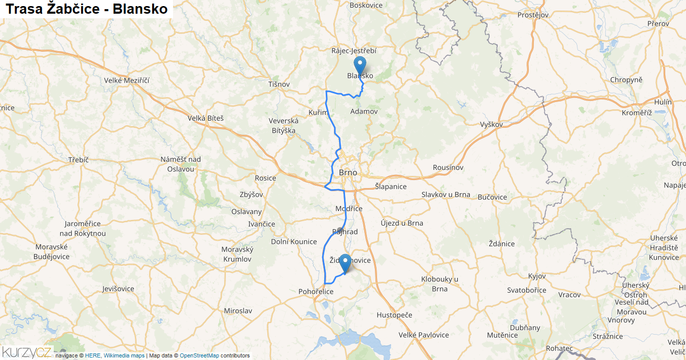 Žabčice-Blansko, mapa trasy