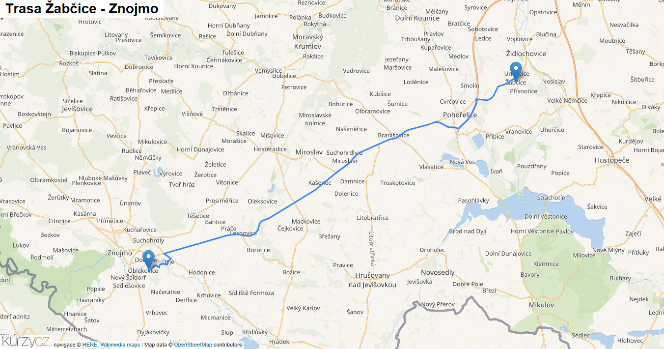 Žabčice-Znojmo, mapa trasy