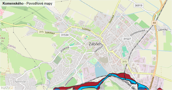 Komenského - záplavové mapy stoleté vody