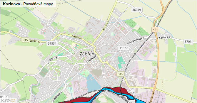 Kozinova - záplavové mapy stoleté vody