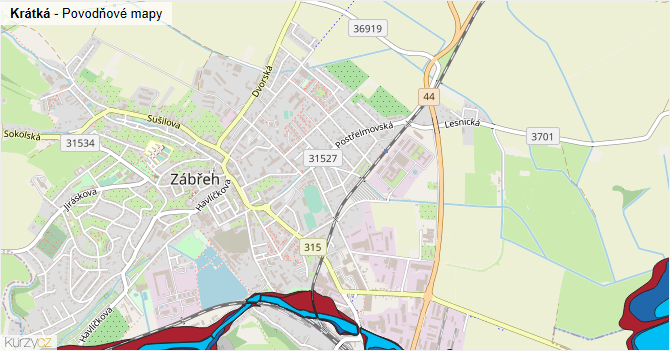 Krátká - záplavové mapy stoleté vody