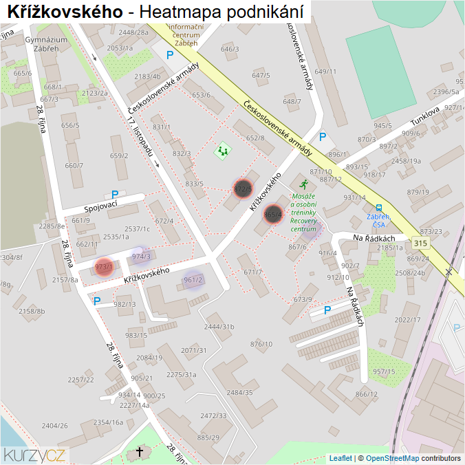 Mapa Křížkovského - Firmy v ulici.