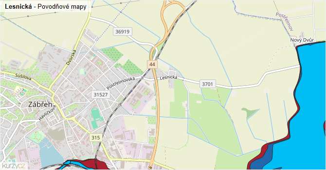 Lesnická - záplavové mapy stoleté vody