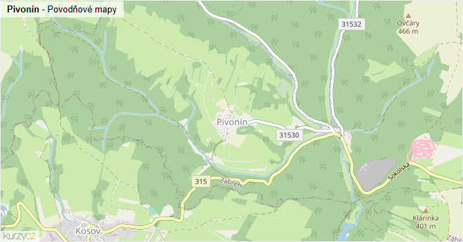 Pivonín - záplavové mapy stoleté vody