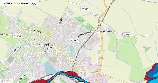 Polní - záplavové mapy stoleté vody