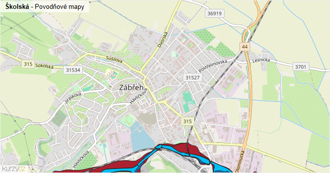 Školská - záplavové mapy stoleté vody