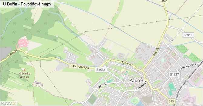 U Bořin - záplavové mapy stoleté vody