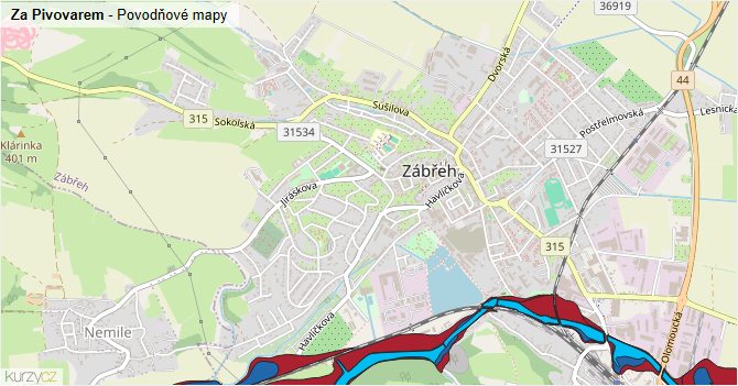 Za Pivovarem - záplavové mapy stoleté vody