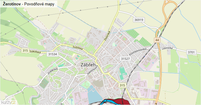 Žerotínov - záplavové mapy stoleté vody