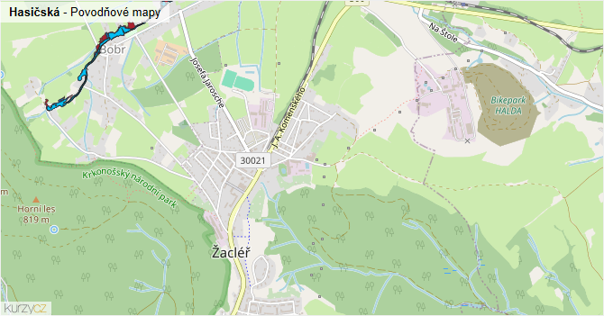 Hasičská - záplavové mapy stoleté vody