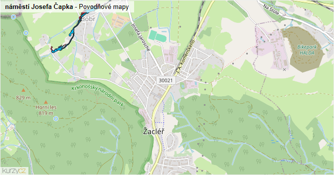 náměstí Josefa Čapka - záplavové mapy stoleté vody