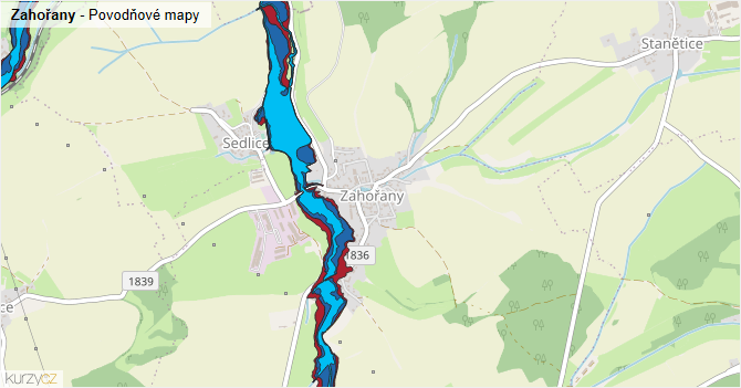 Zahořany - záplavové mapy stoleté vody