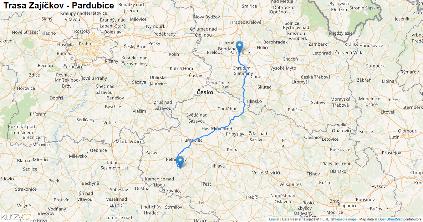 Zajíčkov-Pardubice, mapa trasy