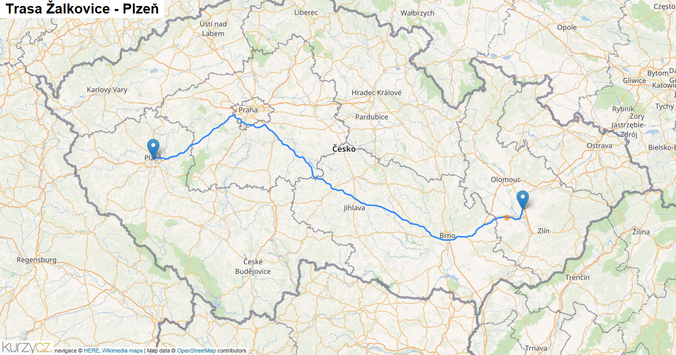Žalkovice-Plzeň, mapa trasy
