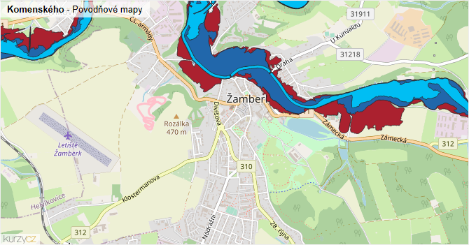 Komenského - záplavové mapy stoleté vody