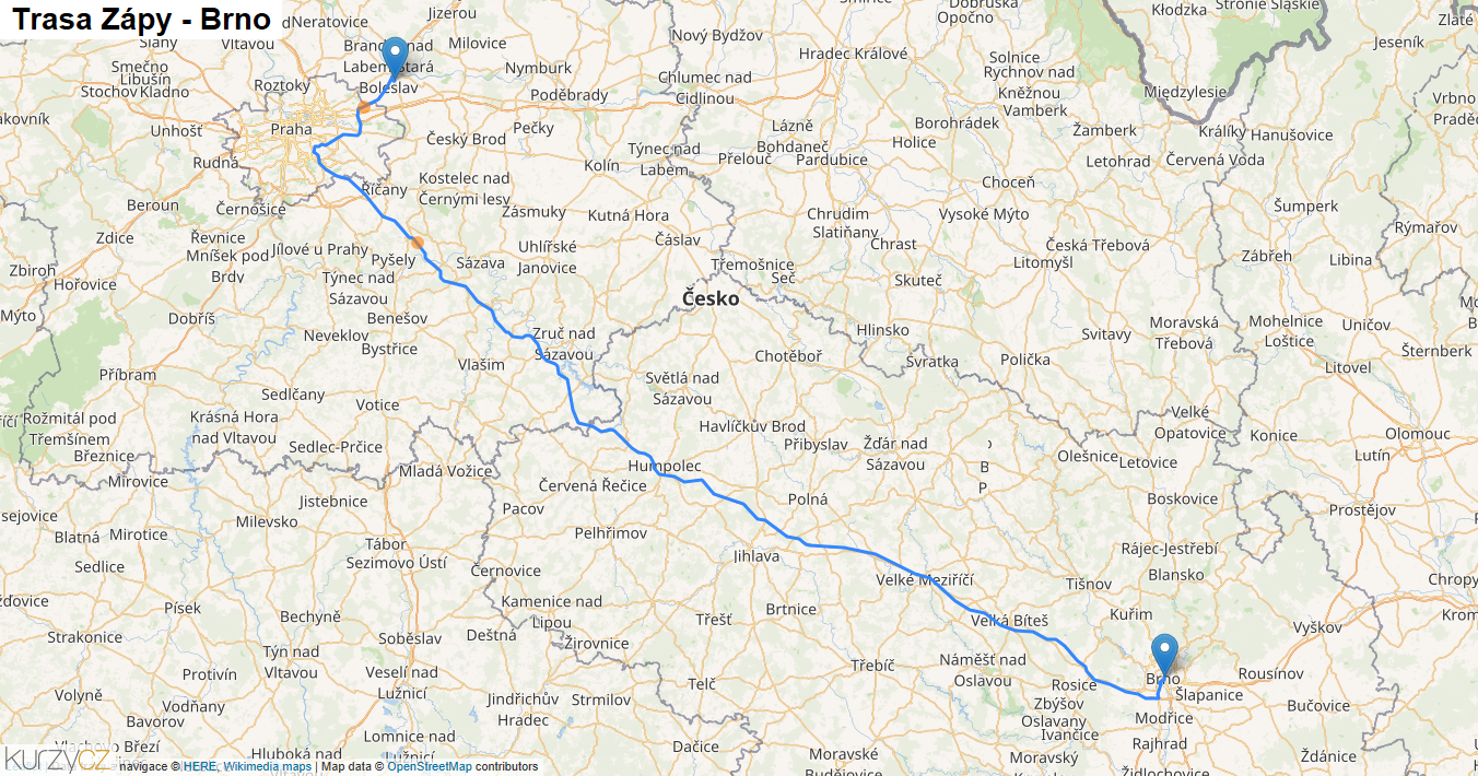 Zápy-Brno, mapa trasy
