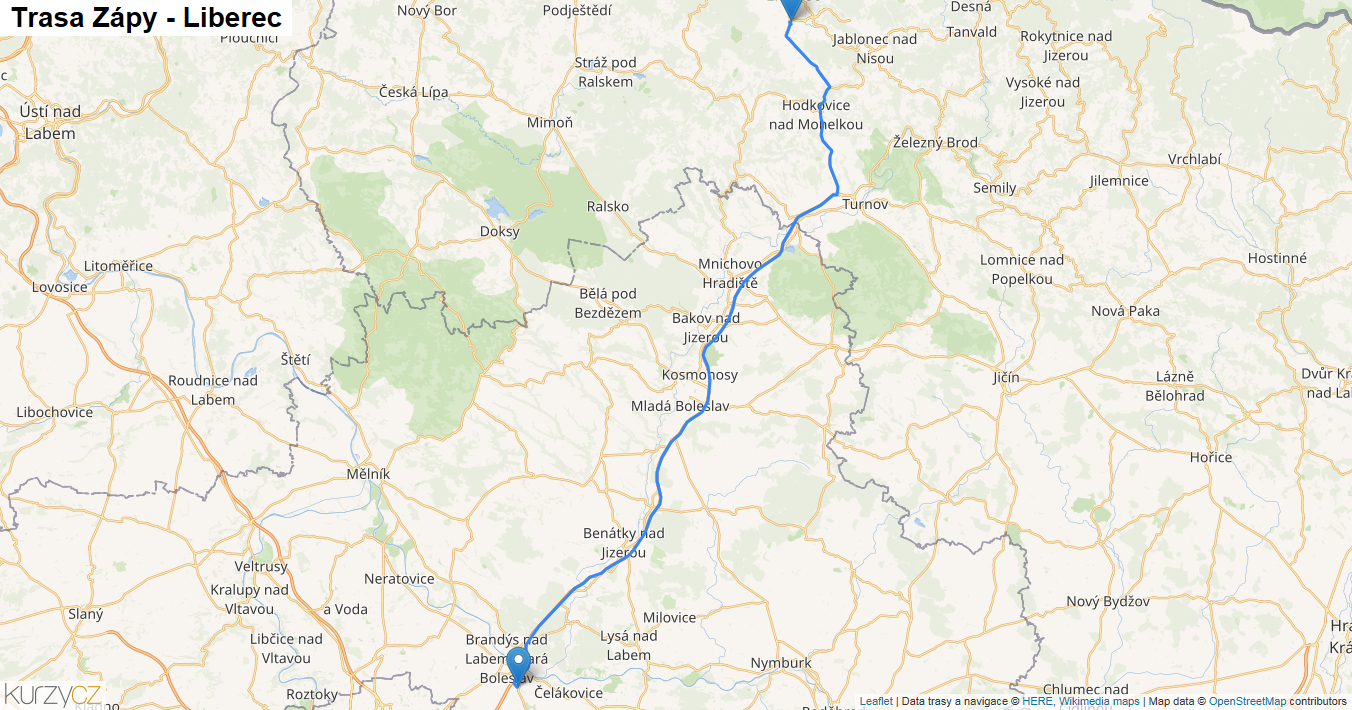 Zápy-Liberec, mapa trasy