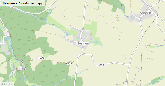 Nesměň - záplavové mapy stoleté vody