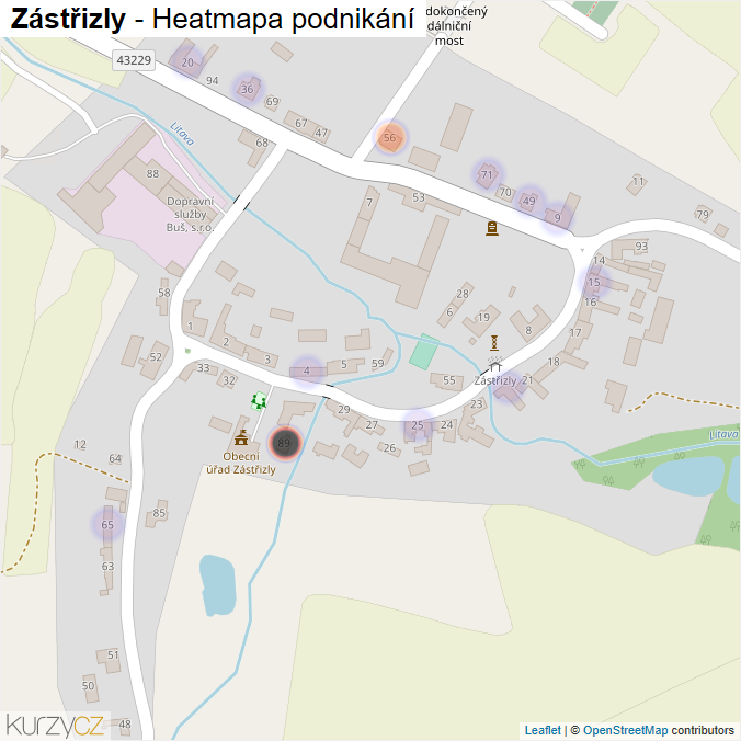 Mapa Zástřizly - Firmy v části obce.