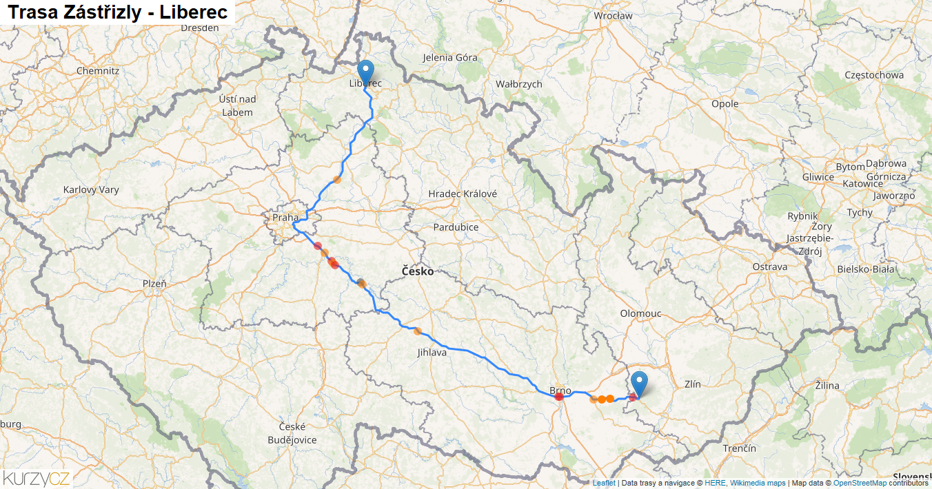 Zástřizly-Liberec, mapa trasy