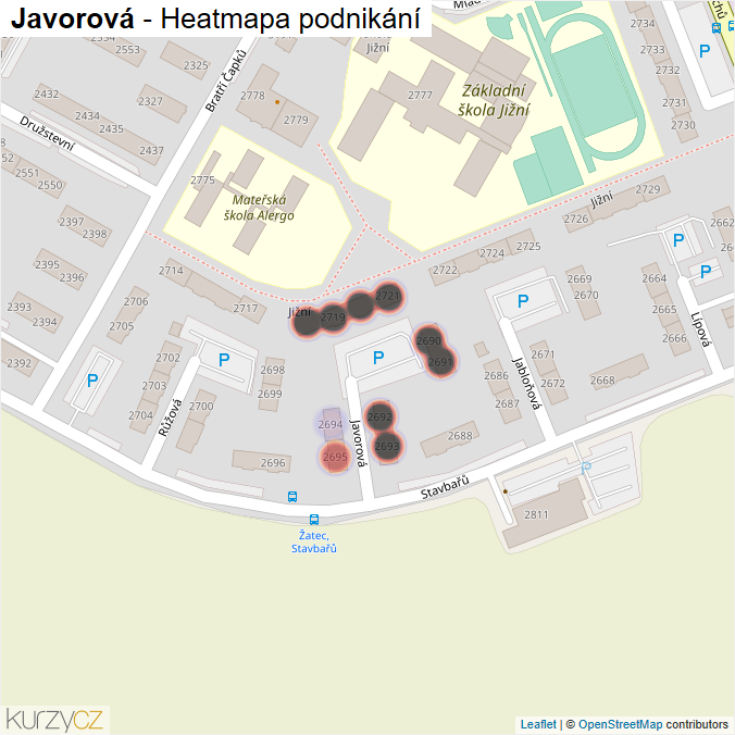 Mapa Javorová - Firmy v ulici.
