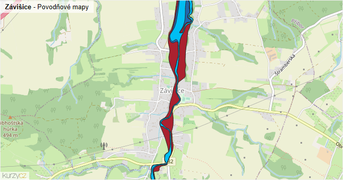 Závišice - záplavové mapy stoleté vody