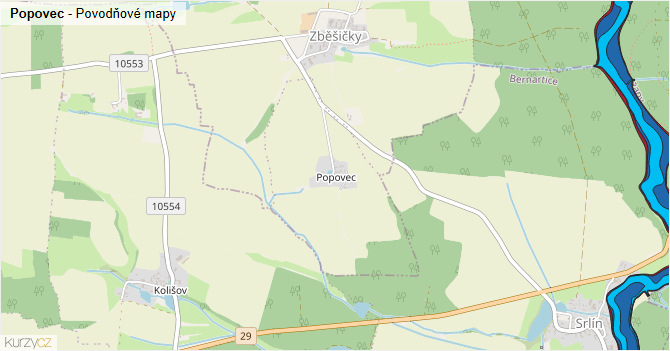 Popovec - záplavové mapy stoleté vody