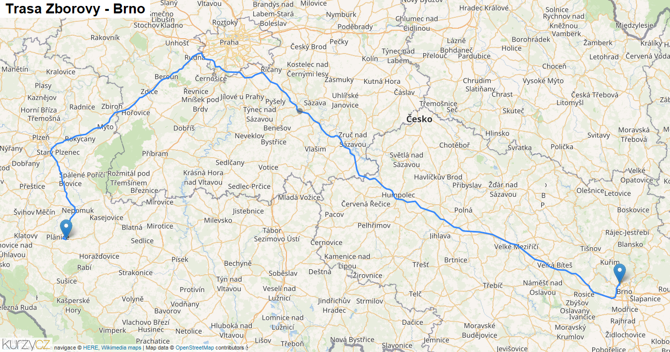 Zborovy-Brno, mapa trasy