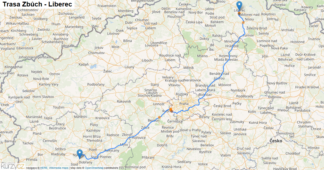 Zbůch-Liberec, mapa trasy