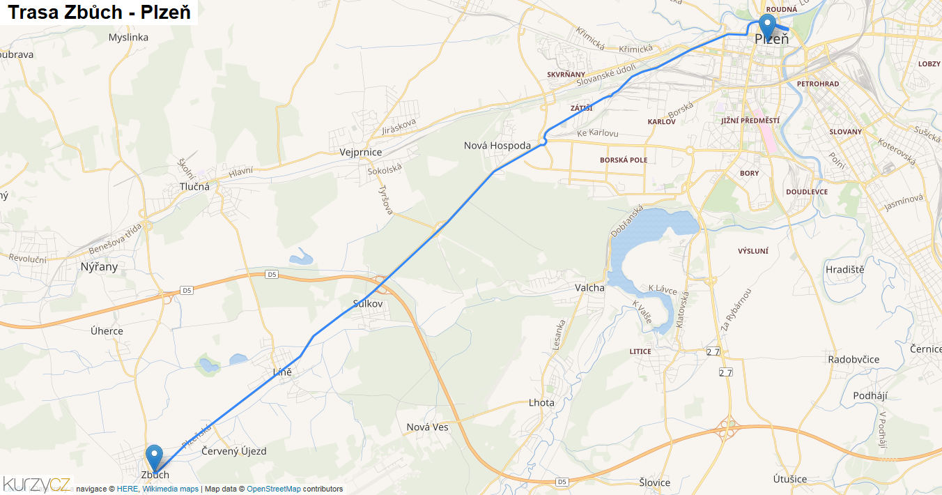 Zbůch-Plzeň, mapa trasy