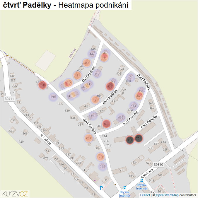 Mapa čtvrť Padělky - Firmy v ulici.