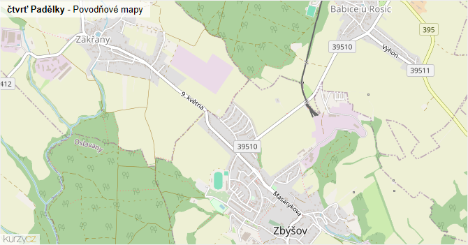 čtvrť Padělky - záplavové mapy stoleté vody