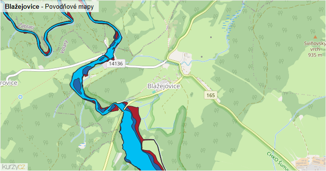 Blažejovice - záplavové mapy stoleté vody