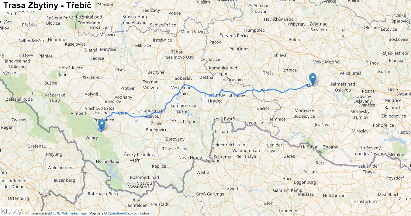 Zbytiny-Třebíč, mapa trasy
